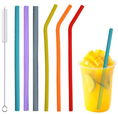 Lot de 6 Pailles en Silicone Réutilisables avec Brosse de Nettoyage, Pailles Droites et Courbées sans BPA pour Enfants et Adultes, Idéales pour Maison, Voyage et Fêtes (6 Couleurs)