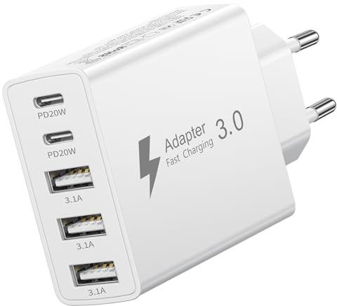 Caricatore USB C Presa,Multiplo 50W 5-Porto USBC Caricabatterie Rapido Spina Alimentatore per iPhone Air 17 16 15 14 13 12 Pro Max,Samsung,iPad,Multipla Spinotto Muro QC&PD Adattatore Carica Cellulare