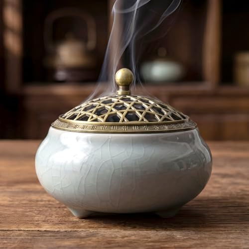 Dazhtu Quemador de Incienso de Cerámica Vintage con Tapa Metálica y Algodón Resistente al Calor, Soporte para Incienso/Bastón/Cono, para Yoga, Hogar, Salón, Meditación, Oficina