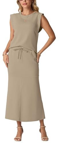 GRECERELLE Set estivo da donna in 2 pezzi, con scollo rotondo, senza pieghe, gonna midi a coda di pesce con tasche, Khaki-B101, XL