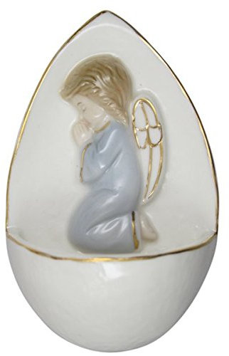 MaMeMi Porcelana - Recipiente para Agua bendita para Pared con Borde Dorado, ángel Rezando Azul 10,5 cm