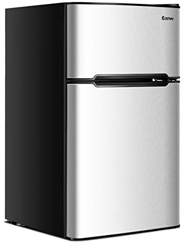 COSTWAY Mini Fridge with Freezer, 3.2 Cu.ft. 2-Door Mini Freezer Cooler Fridge w/ Reversible Door, Removable Glass Shelves, Mechanical Control, Small Refrigerator for Bedroom, Dorm, Office (Grey)