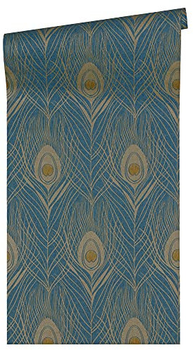 Architects Paper Papier peint intissé Absolutely Chic - Avec plume de paon - 10,05m x 0,53m - Bleu et jaune métallique - Fabriqué en Allemagne - 369712 36971-2