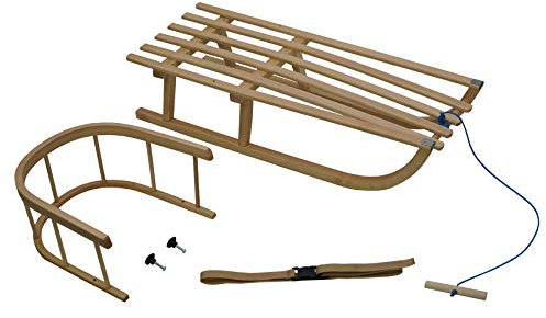 Holzschlitten für Kinder mit Rückenlehne Rodelschlitten Davoser Schlitten aus Holz mit einem Sicherheitsgurt, Rückenlehne (Natur)