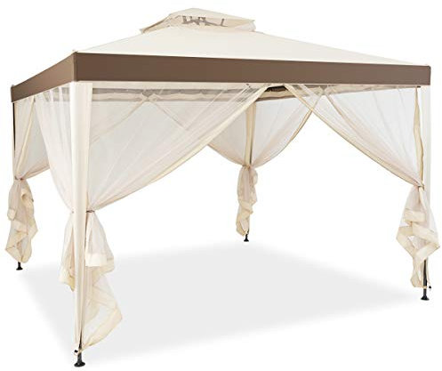 GOPLUS Pavillon de Jardin Exterieur 3 x 3 M avec Moustiquaire Transparente, Tonnelle de Jardin Exterieur Impermeable Double Toit, UV SPF 50+, pour Cours Terrasse(Beige)