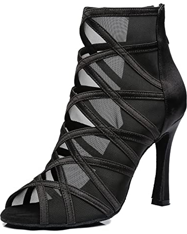 MINITOO Latin standard dansskor mesh, kvällssandaler, ankelstövlar, sommar, sexiga dansstövlar, L445 svart 10 cm klack, 39 EU