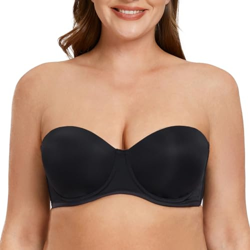 MELENECA Women's Underwire Strapless Bras for Bigger Bust Back Smoothing Plus Size Black 36G