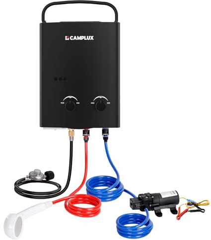 CAMPLUX 5L Portable Propane Gas Tankless Water Heater, 1.32 GPM Tankless Water Heater With 1.2 GPM Water Pump, AY132BP43, Black