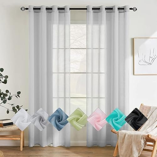 EMEMA 2er Set Sheer Voile Vorhang mit Ösen Transparente Gardine aus Voile Polyester Ösenschal Transparent Wohnzimmer Luftig Dekoschal für Schlafzimmer 140 X 215 cm (B x H) Grau