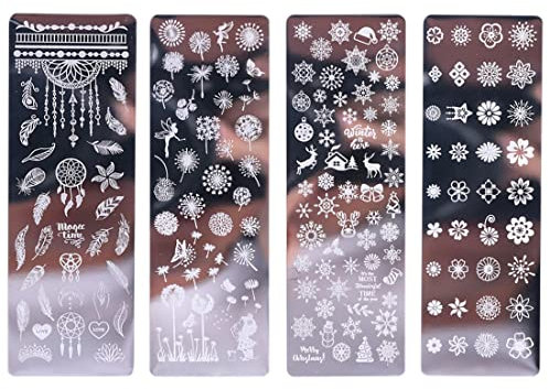 CWED 4 pièces tampon ongle nail art Stamping nail artNail Art Plaques Stamping de Rechange pour Nail Art D'ongles Vernis à Ongles Nail Kit de Démarrage, Motif Ligne Fleur Flamme Chat Chiens