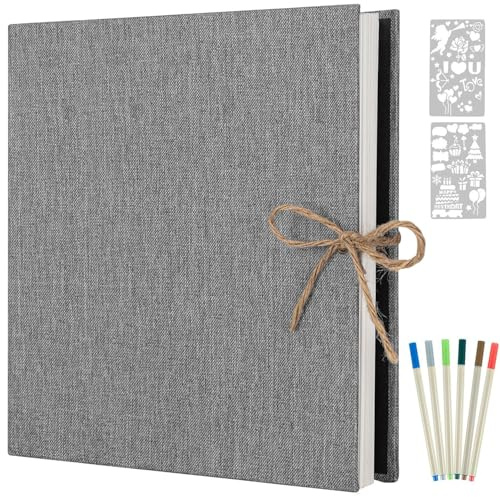 AIOR Self-Adhesive Photo Album Gluing and for DIY Large Linen Photo Albums Retro Scrapbook 60 White Pages Birthday, 33 x 32 cm (Grey)