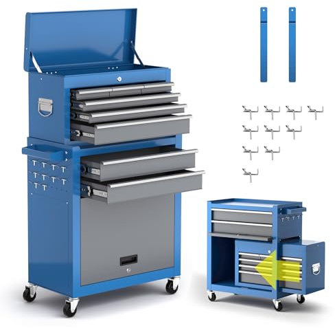 AIRAJ Chariot d'Atelier, 9 Tiroirs, Fermeture Centrale à Clé/Guide à Boule/Verrouillable/2 Roues avec Frein de Stationnement/Plaque Latérale et Crochet, Professionnel Chariot à Outils