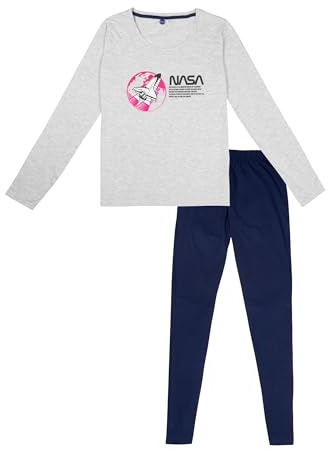 NASA - Pijama para mujer (manga larga, parte superior con pantalón), color gris/azul, gris/azul, L
