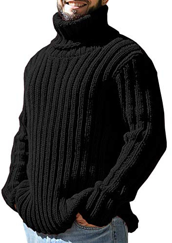 Runcati - Maglione da uomo con collo alto, motivo intrecciato, autunno/inverno, a maglia larga, tinta unita, Nero , L