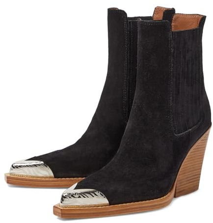 Goolita Suede Western Cowboy Boots For Women Metal Pointed Toe Stacked Block Heel Cowgirl Ankle Boots Vintage Slip On Short Booties