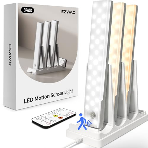 EZVALO Lampe de Cuisine sous Armoire 62 LED avec Détecteur de Mouvement et Station de Charge, Éclairage d’armoire 1600 mAh avec 3 Températures de Couleur pour Cuisine, Placard (3 Pièces)