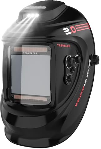 YESWELDER Auto Darkening Welding Helmet with Rechargeable Fan and Light, 3.93X3.66Large View 1/1/1/1 True Color 4 Arc Sensor Solar Powered Welding Hood, 3/5-9/9-13 Wide Shade Weld Mask LYG-30800H