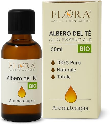 FLORA Albero del Tè Olio Essenziale BIO-CODEX 50 ml – 100% Puro, Naturale e Totale – Tea Tree Oil Biologico da Melaleuca alternifolia – Purificante, Antibatterico, Igienizzante per Pelle, Ambiente