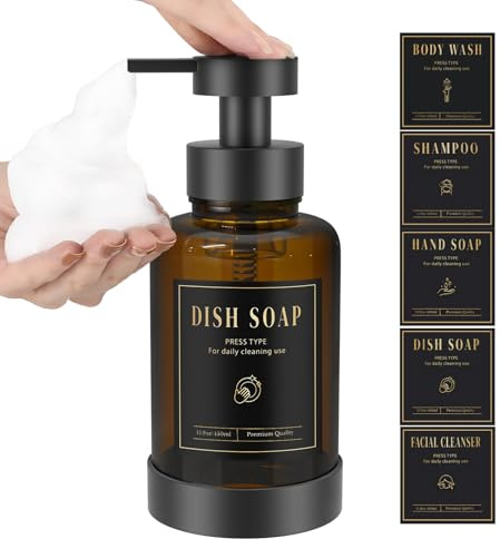 Luxspire Dispensador de Jabón Espumoso, Dispensador Jabón Espumoso de Vidrio con 5 Etiquetas Impermeables, Líquido Rellenable 450ml/15oz para Baño Cocina, Ámbar, 1 Paquete