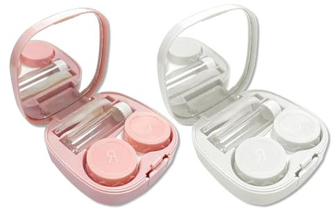 Travel Contact Lens Cases with Mirror, 2 PCS Portable Contact Lens Holder Mini Box Container Leak-Proof Soaking Case with L and R Caps for Business Travelling