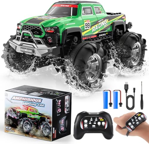 DEERC Amfibisk RC Monstertruck/Båt, IPX7 Vattentät Fjärrstyrd Bil med Gestkontroll, 2.4GHz 4WD RC Bil med 360° Rotation, LED-Ljus, 40 Minuters Speltid, Leksak för Barn i Åldrarna 6-12