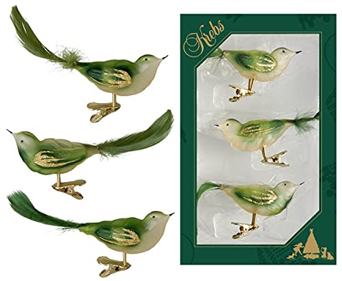 Krebs Glas Lauscha - Weihnachtsdekoration/Christbaumschmuck aus Glas - Vögel auf Clip - Farbe: grün transparent - 3 Stück - Größe: ca. 11 cm