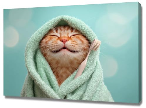 WUFIEA Gatto Immagini Stampe su tela Quadro Animali Gattino che lava i piatti per Bagno Sala da pranzo Sala studio(arancione)-20x30cm Incorniciato