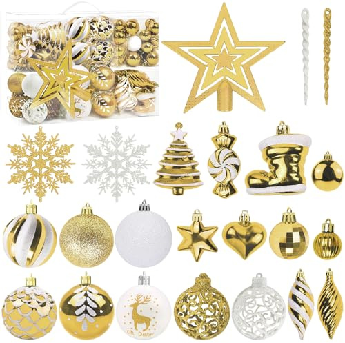 Weihnachtskugeln 132tlg Set Christbaumkugeln,Weihnachtsbaumschmuck Christbaumschmuck mit Verpackung für Weihnachtsbaum Deko Drinnen & Draußen,Kunststoff glänzend Christbaumkugel ∅ 3, 4 & 6 cm, Gold