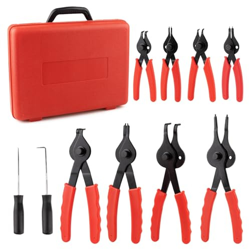 10-Piece Snap Ring Pliers Set, Heavy Duty Internal & External Circlip Pliers Kit with Straight/Bent Tips, Hook, Pick, C-Clip Ring and Circlip Removal Tool for Automotive & Mechanical Repair