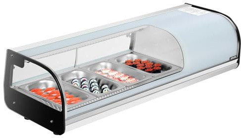 VEVOR Sushi Display Case Refrigerator, 1.5 Cu.ft Commercial Sushi Case, 4-Pan Countertop Showcase with Curved Glass, LED Lighting, and Digital Temperature Control, for Sushi-Bar, Restaurant, Store