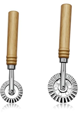BLPRKOT 2 Piezas Cortador de Raviolis, cortador de masa, Rueda para Repostería, Rueda PRÁCTICO para Cortar de Pasta Casera y Masa de Repostería, Zinc, Madera de Haya