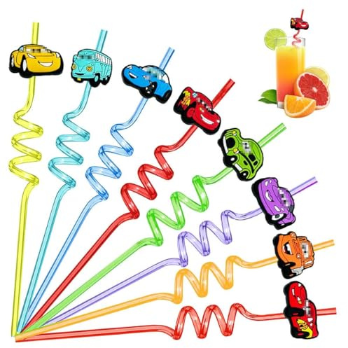8 Piezas Pajitas Coches, Pajitas Reutilizables Niños, pajitas de Dibujos Animados, Pajitas Fiesta en Espiral, Pajita-s de Plástico para Niños para Fiesta de Cumpleaños Decoraciones