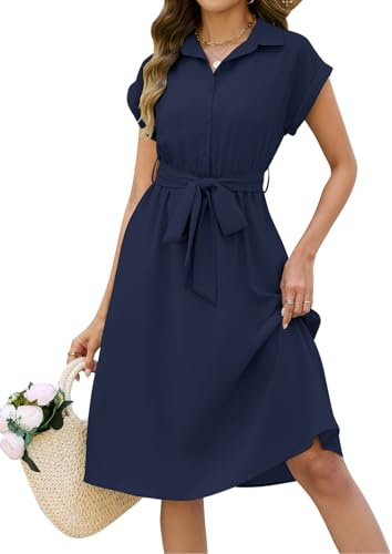 heekpek Vestito Donna Estivo Manica Corta Casual Abito Scollo a V Vita Alta A Line Abiti Lungo Elegante Abito Camicia Colori Solidi Vestiti con Tasche e Cintura (Blu Navy, L)