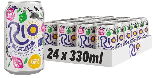 Rio Tropical Original Fizzy 24 Cans Soft Drink Pack with Real Orange, Apricot, Mango, Passion Fruit and Guava Juice Flavours Lightly Sparkling Cans of Pop with Vitamin C 24x330ml