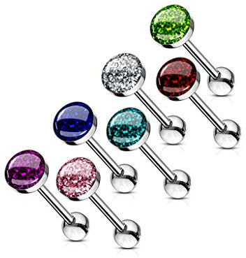 Paula & Fritz® Zungen-Piercing Barbell 16mm lang Chirurgenstahl Glitter Epoxy Dome 7er Set je eine Farbe