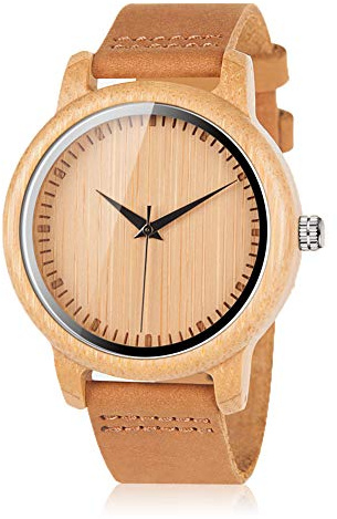BOBO BIRD Men's Bamboo Wooden Watch with Brown Cowhide Leather Strap Japanese Quartz Movement Sports Casual Watches Gift with Box