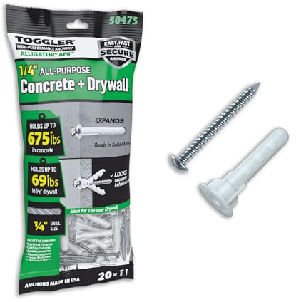 TOGGLER Alligator AF6 Flanged Polypropylene Anchors, Heavy Duty Wall Anchors for Concrete, Brick, Stone & Drywall, Fits #6–#12, 1/4 Size, 69 lb in 1/2 Drywall (Pack of 20 with Scews)