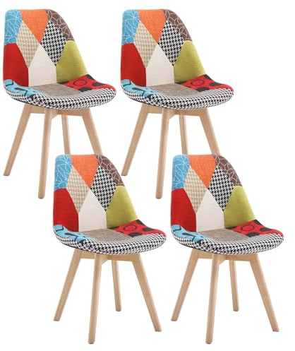 WOLTU Juego de 4 Sillas de Comedor Bohemia,Silla de Cocina Patchwork de Lino con Patas Cruzadas de Madera Maciza,Tapizadas para Dormitorio,Sala de Estar,Multicolor