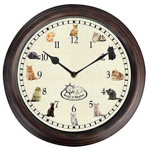 Esschert Design Uhr mit Katzengeräuschen Ø 30 cm, Wanduhr mit Sounds, Kunststoff