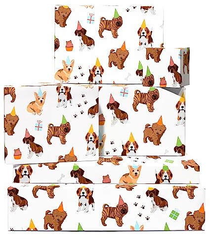 Central 23 - Papel de envolver blanco - Perros con sombreros - 6 hojas de papel de regalo de cumpleaños - Celebración - Para hombres, mujeres y niños - Reciclable