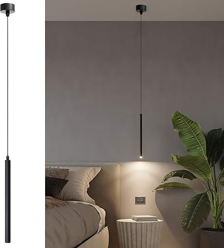 ACMHNC LED Pendelleuchte Schwarz, Zylinder Hängelampe für Schlafzimmer Esstisch Nachttisch, 5W Hängeleuchte Höhenverstellbar, 110~230V, Warmweiß 3000K, 30cm