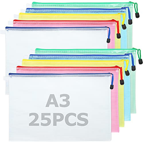 MIVIDE 25 Stück Dokumententasche A3, Dokumentenmappe Reißverschluss Wasserdicht, 5 Farben Dokumententasche Reißverschluss a3 für Dokumente, Quittung, Papier, Schreibwaren (44 x 31.5cm)