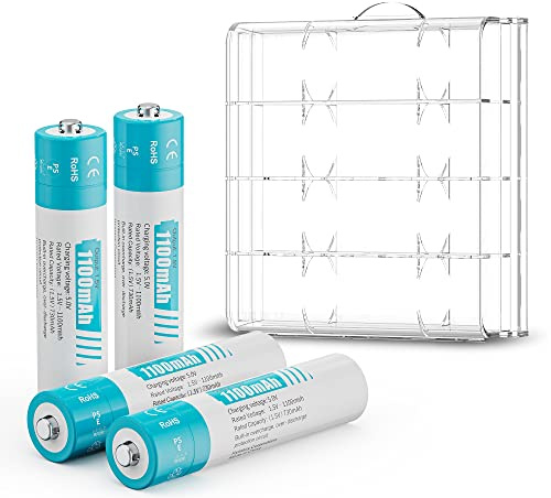 czvv Uppladdningsbara AAA litiumbatterier 1,5 V - Hög kapacitet 1100 mAh 4 stycken - Livslängd 10 år, låg självurladdning - 1300 cykler, konstant prestanda, leksaker, rakapparat, väggklocka