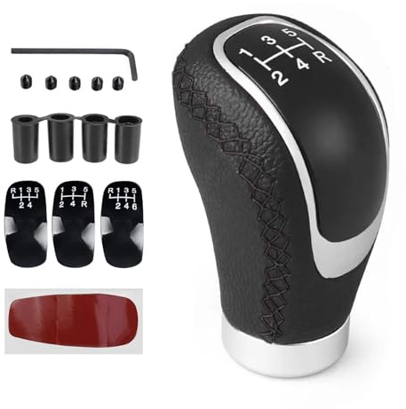 Juttzzei Pommeaux de Leviers de Vitesse, Universel 5 Vitesses 6 Vitesses Pommeau de Vitesse, Cuir PU de Manuel Levier de Vitesse avec 4 Adaptateurs 8mm 10mm 11mm 12mm pour Les Voitures Manuelles-Noir