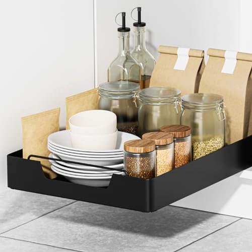 KTRIO Teleskopschublade Schwarz, Ausziehbarer Schubladen-Organizer für Küchenschränke & Schränke, Ideal für Küche und Speisekammer (30cm B x 43cm T x 7cm H), Kein Bohren Erforderlich 1 Stück