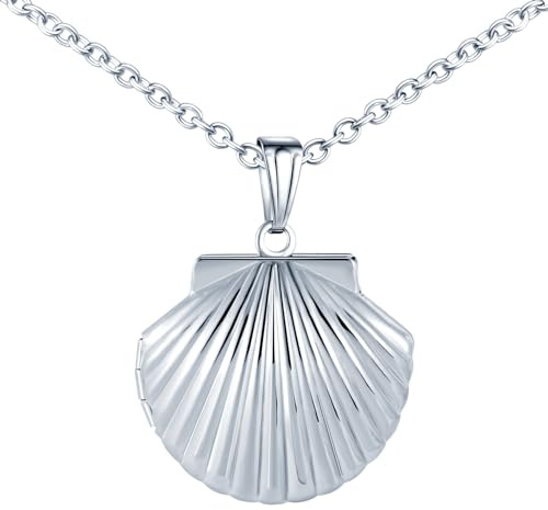 MICMIF Collar Foto Personalizado con Medallón de Concha para Mujer, Acero inoxidable Collar Relicarios Colgante en Forma de Concha para 2 Fotos Joyería Cadena 50cm
