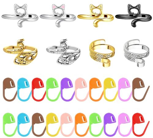 AOZUO 28 Stück Häkelring Set,20 Maschenmarkierer Stricken Häkeln,8 Strickzubehör Crochet Häkel Ring Häkelringe Finger Verstellbarer Häkelspannungsring Offene Garnführung Fingerhäkelring Zubehör