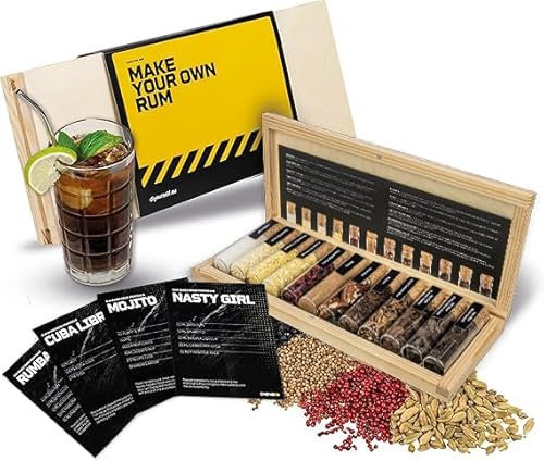 DIBYS Coffret d'Épices pour Rhum Mini | 12 Botanicals pour Coffret Rhum | Avec 4 Cartes de Recettes, Lexique des Épices & Coffret en Bois Élegant | Accessoires pour Faire son Rhum