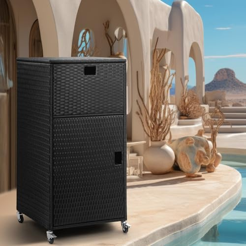 Outdoor Pool Towel Storage Cabinet Outdoor Towel Rack for Pool with Shelf & Drawer Pool Towel Hoder with Rolling Wheels Hot Tub Towel Rack W/Waterproof Cover Poolside Towel Valet Caddy for Spa Black