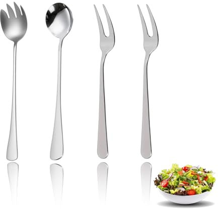 4 Stück Salatbesteck Set aus Edelstahl,33 cm Servierlöffel und Salatgabel, Hochglanzpoliertes Vorlegebesteck für Salat, Nudeln und Dessert,für Familiencamping und Picknick, Küchenhelfer